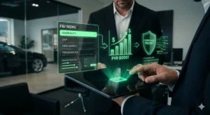 A close-up shot of a dealership professional holding a tablet that projects a neon green 3D holographic interface showcasing an F&I menu, a PVR growth chart, and a compliance protection shield.