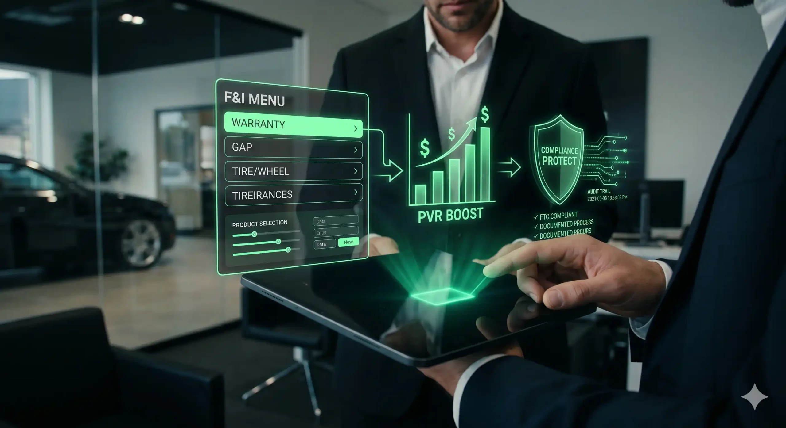 A close-up shot of a dealership professional holding a tablet that projects a neon green 3D holographic interface showcasing an F&I menu, a PVR growth chart, and a compliance protection shield.