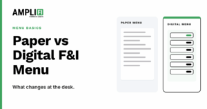 Split graphic comparing a paper F&I menu with a digital F&I menu